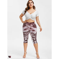 Plus Size 3D Ripped Jean Print Capri Leggings