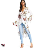 Plunge Sleeve Floral Print Long Shirt