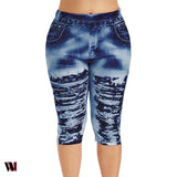 Plus Size 3D Ripped Jean Print Capri Leggings