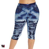 Plus Size 3D Ripped Jean Print Capri Leggings