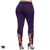 Floral Embroidered Rivet Plus Size Pencil Pants